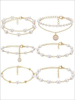 6 Pc Pearl Gold Chain Bracelet Set Hypoallergenic Layered Stackable